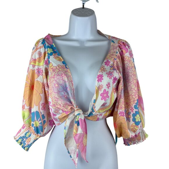 Beach Bunny Ruby Women's Crop Top Floral Swim Cover Up Front Tie Size Medium NEW - Picture 2 of 10